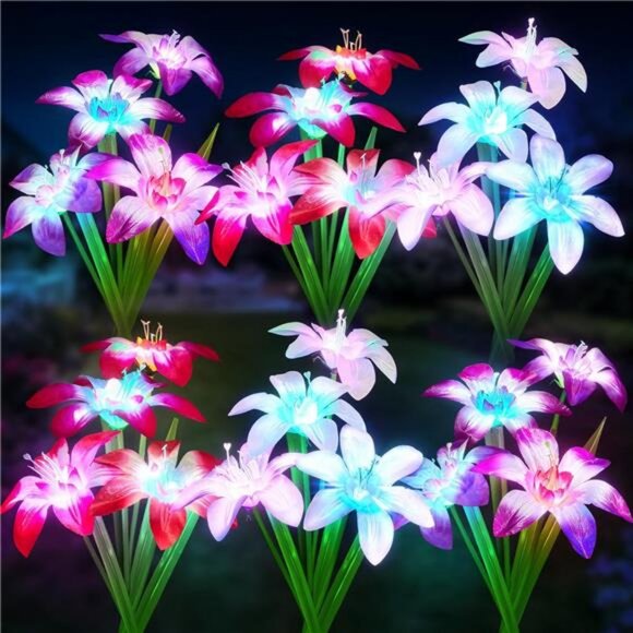 6 PACK Solar Lights Garden, Upgraded with 24 Enlarged Blooming Lily Flowers - Picture 1 of 8